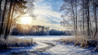 Winter Sunrise Over a Frozen Lake with Frosty Trees