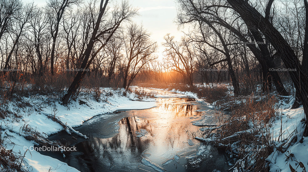 Frozen River at Sunset with Bare Trees in Winter Wonderland