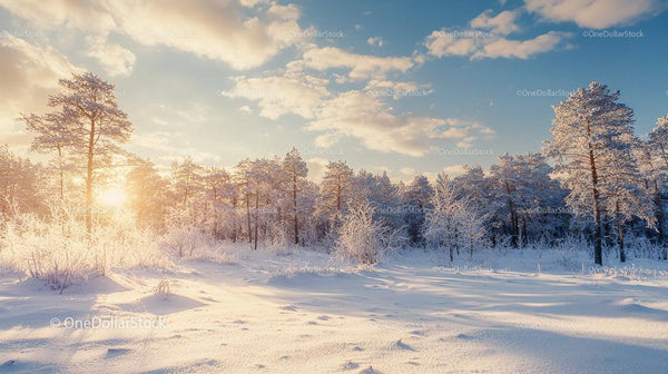 Scenic Winter Sunrise Over Snow-Covered Pine Forest