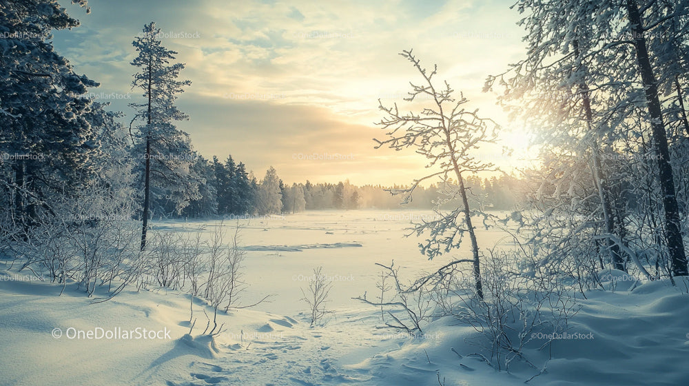 Serene Winter Sunrise Over a Snowy Forest Landscape