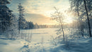 Serene Winter Sunrise Over a Snowy Forest Landscape
