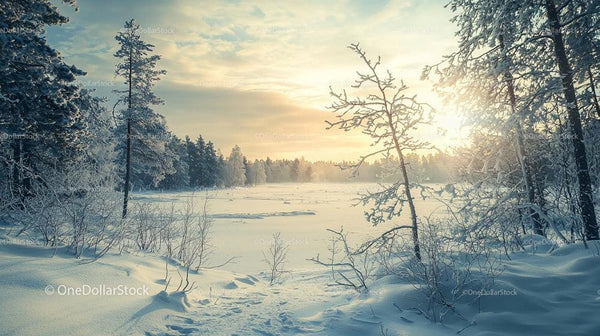 Serene Winter Sunrise Over a Snowy Forest Landscape