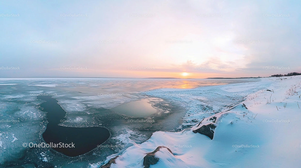 Winter Sunset Over a Frozen Lake with Snow-Covered Shoreline