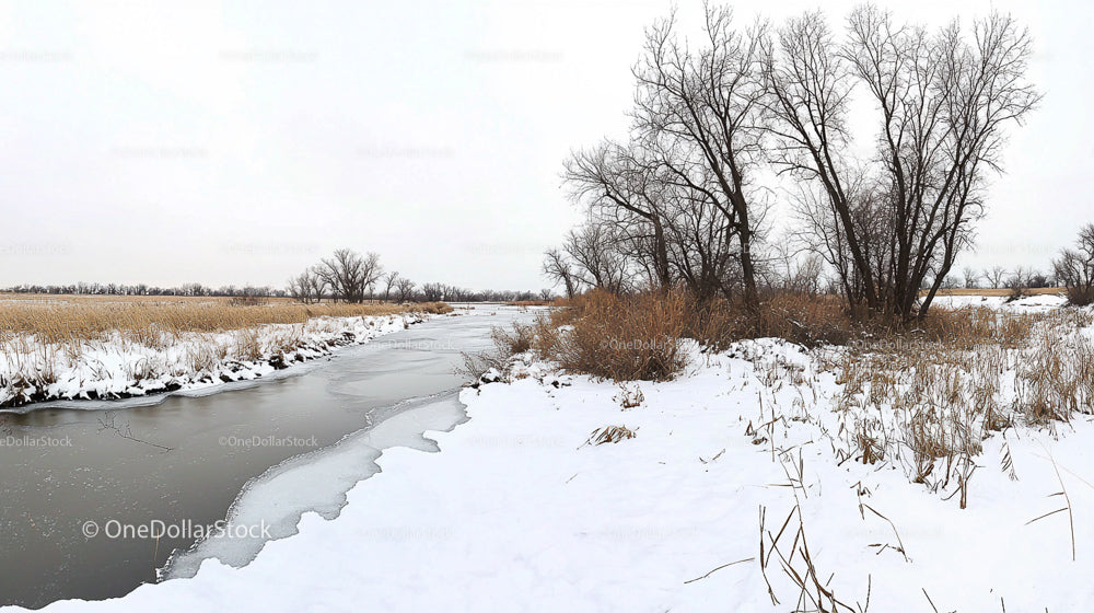 Winter Landscape with Frozen River and Bare Trees
