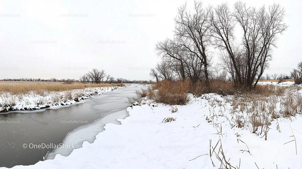 Winter Landscape with Frozen River and Bare Trees