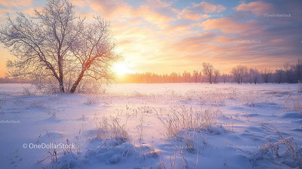 Serene Winter Sunrise over Snow-Covered Field