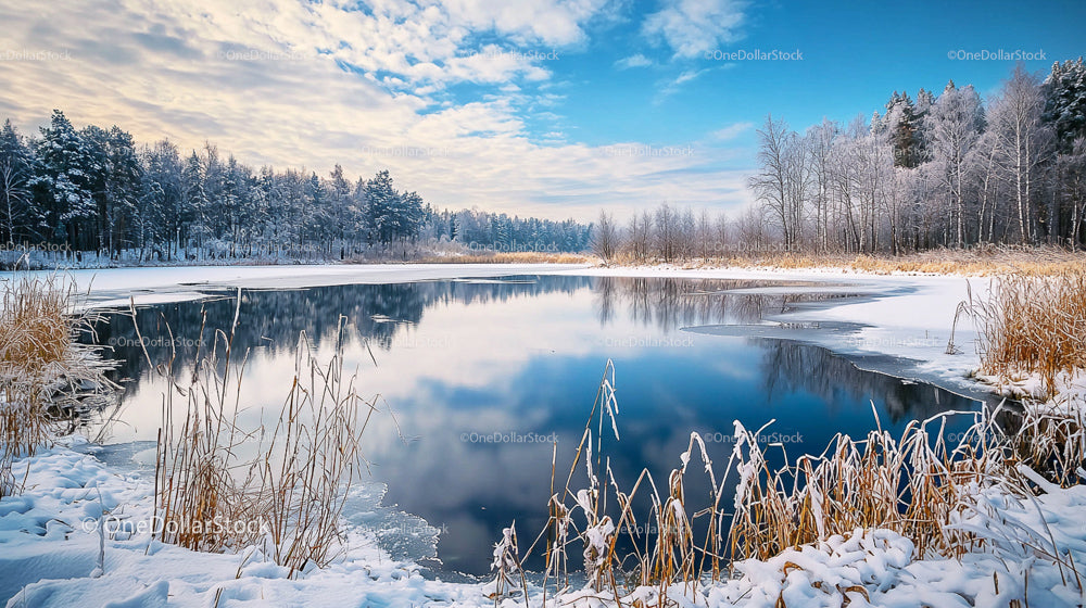 Snow-Covered Trees Reflecting on a Tranquil Frozen Lake