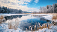 Snow-Covered Trees Reflecting on a Tranquil Frozen Lake