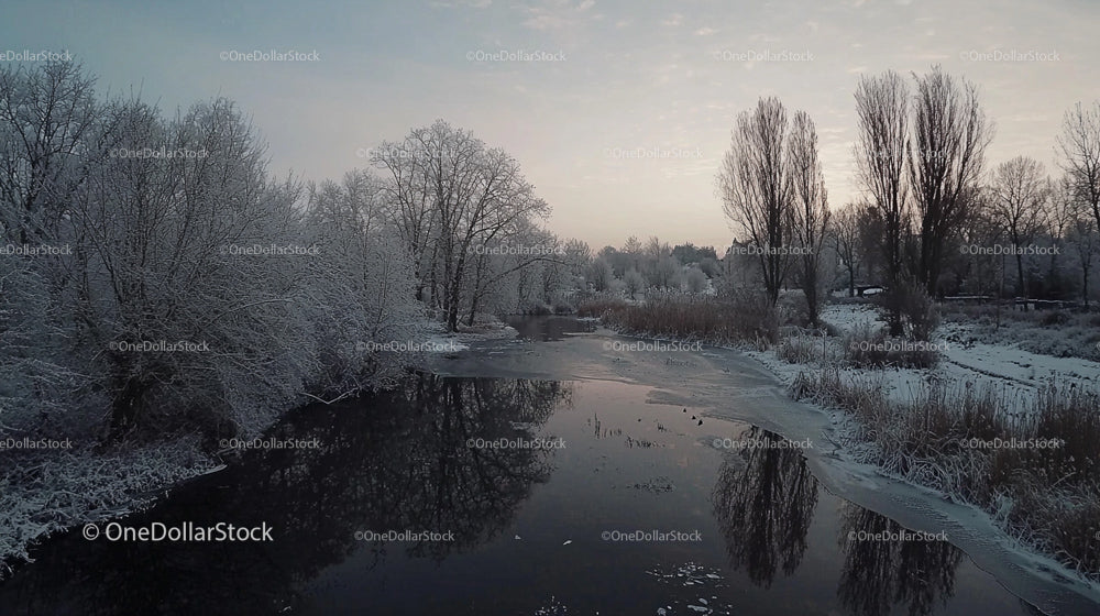 Winter Wonderland: Snow-Covered Trees and Frozen River