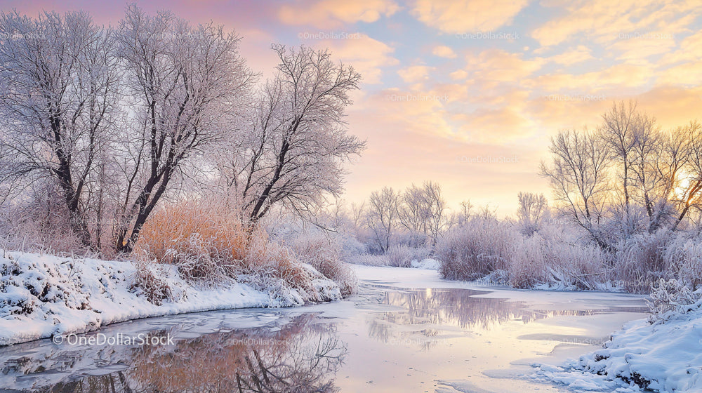 Tranquil Winter River at Sunrise with Frosted Trees
