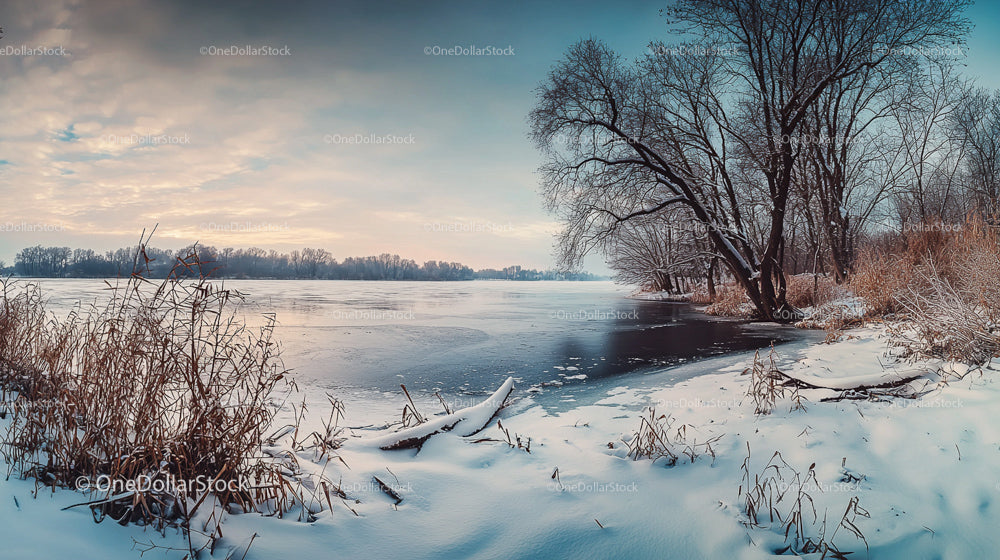 Serene Winter Landscape with Frozen Lake and Bare Trees