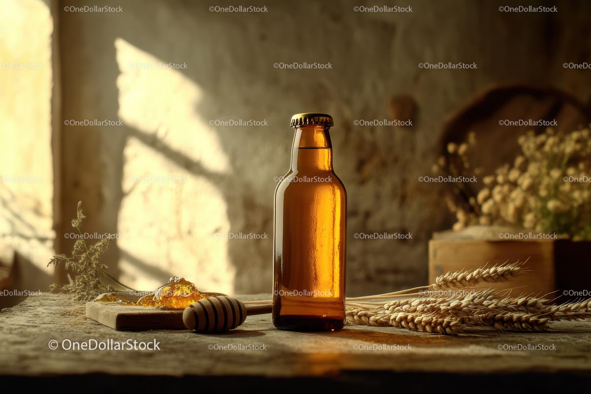 Amber Glass Bottle with Honey and Wheat in Warm Rustic Setting
