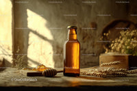 Amber Glass Bottle with Honey and Wheat in Warm Rustic Setting