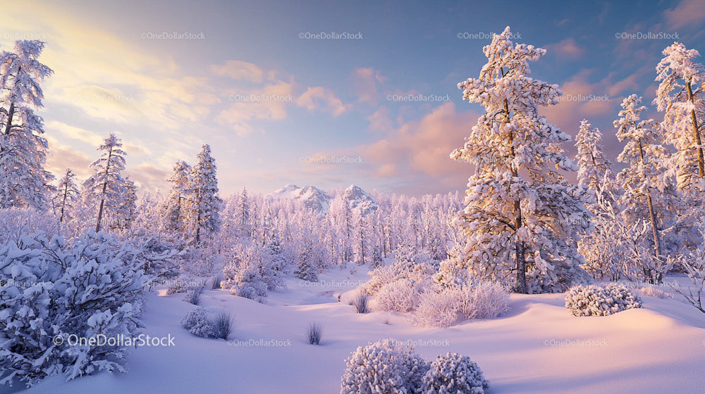 Winter Forest with Snow-Covered Trees at Sunrise