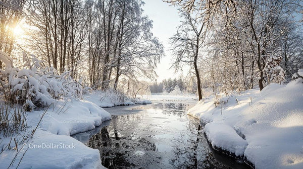 Sunlit Winter Stream in a Snow-Covered Forest