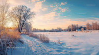 Serene Winter Landscape with Snow-Covered Field and Sunset Sky