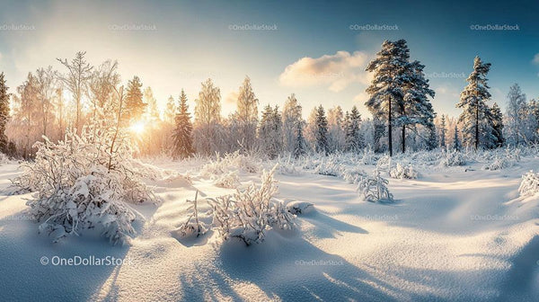Sunlit Snowy Forest with Frosty Trees at Sunrise
