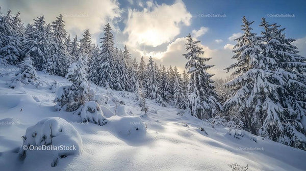 Snow Covered Pines Under Winter Sun in Silent Forest