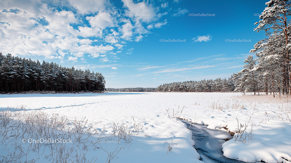 Snow-Covered Forest and Frozen Lake Under Blue Sky