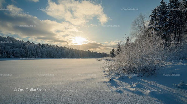 Winter Sunrise Over a Snow-Covered Frozen Landscape