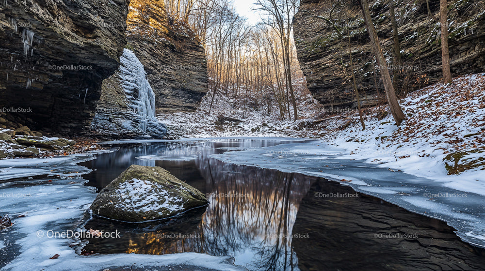 Serene Winter Landscape with Frozen Waterfall and Icy River