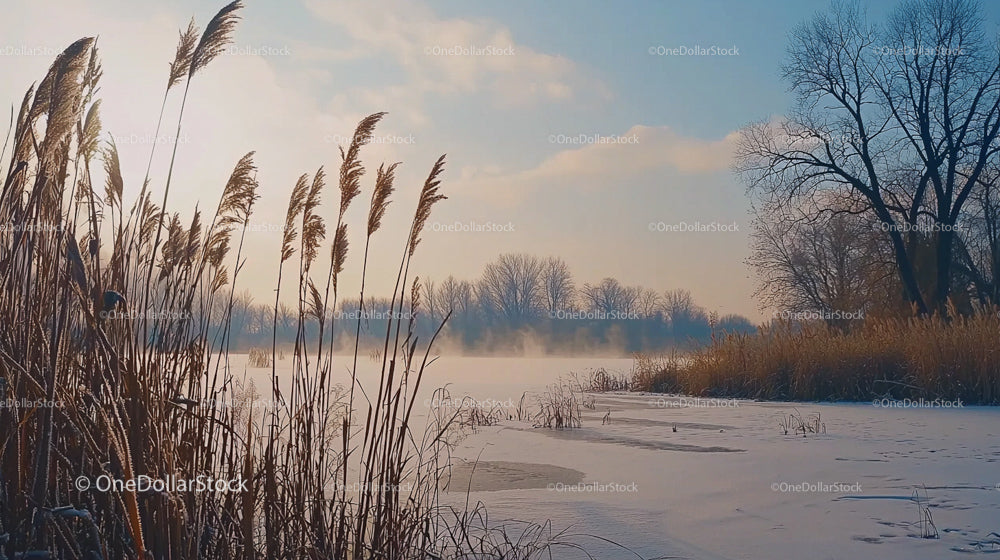 Frozen Winter Lake with Reeds and Misty Morning Light