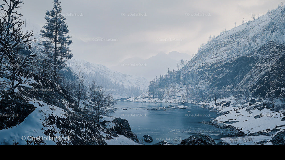 Tranquil Winter Landscape with Snowy Mountains and Frozen River