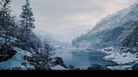 Tranquil Winter Landscape with Snowy Mountains and Frozen River