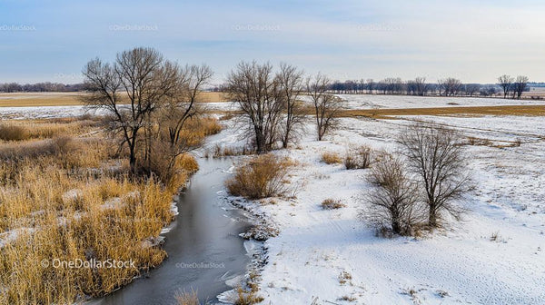 Snowy Winter Landscape with Frozen Stream and Bare Trees