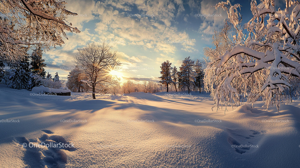 Serene Winter Landscape with Snow-Covered Trees at Sunset