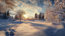 Serene Winter Landscape with Snow-Covered Trees at Sunset
