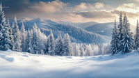 Stunning Snow-Covered Mountain Landscape with Pine Trees
