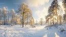 Snowy Winter Forest with Sunlight Breaking Through Trees