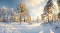 Snowy Winter Forest with Sunlight Breaking Through Trees