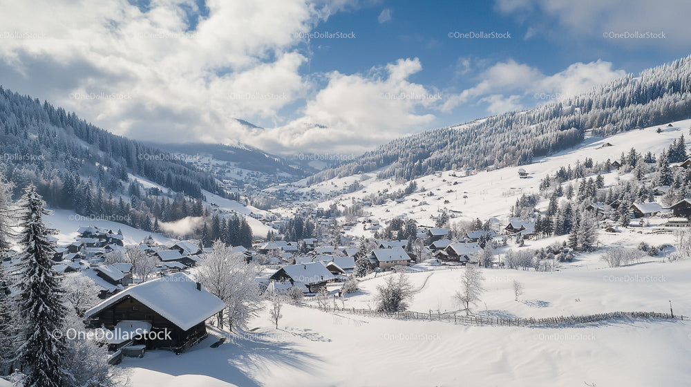 Snow-Covered Village in Serene Alpine Winter Scenery