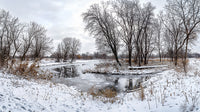 Frozen River and Snow-Covered Trees in Winter Landscape