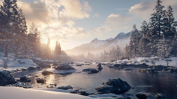 Picturesque Winter River with Snow-Capped Mountains