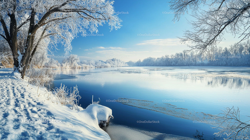 Tranquil Winter Landscape with Snow-Covered Trees and Frozen River