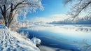 Tranquil Winter Landscape with Snow-Covered Trees and Frozen River