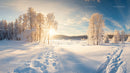 Frosty Trees and Sunrise Over Snowy Winter Landscape
