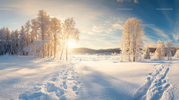 Frosty Trees and Sunrise Over Snowy Winter Landscape