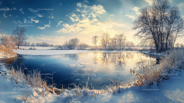Tranquil Winter Landscape with Frozen Lake and Bare Trees