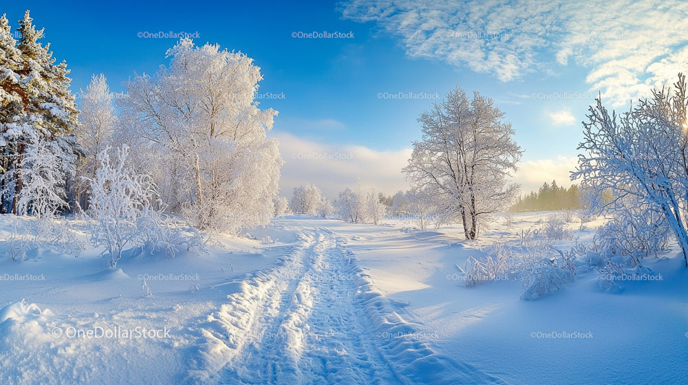 Serene Winter Landscape with Snow-Covered Trees and Path