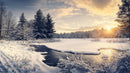 Snowy Winter Sunset Over a Frozen Forest Landscape