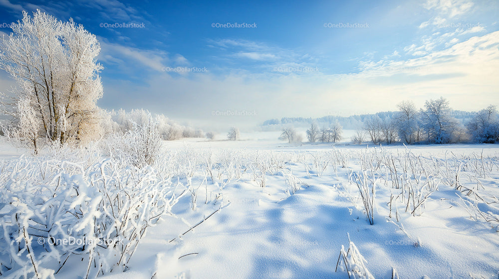 Snow Covered Field and Frosty Trees Under Blue Sky