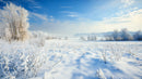 Snow Covered Field and Frosty Trees Under Blue Sky