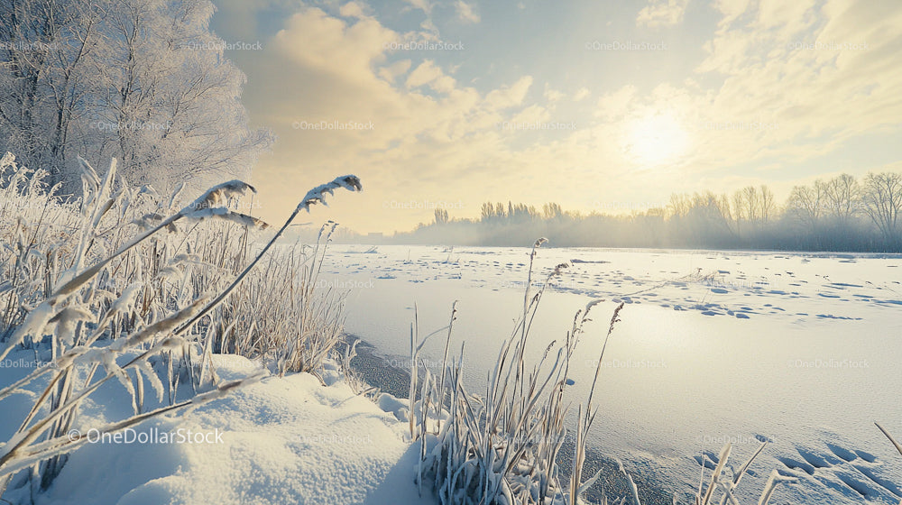 Snowy Riverbank at Sunrise