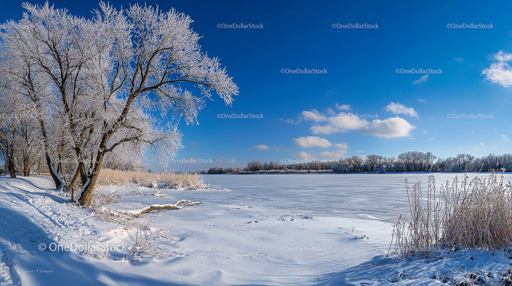 Winter Wonderland with Snow-Covered Trees and Frozen Lake