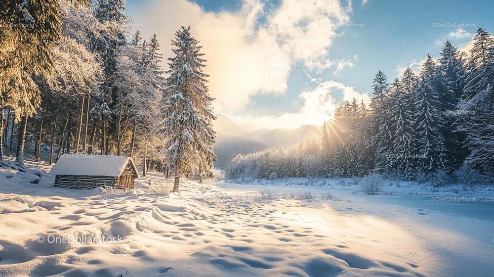 Sunlit Winter Forest with Snow-Covered Cabin
