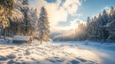 Sunlit Winter Forest with Snow-Covered Cabin